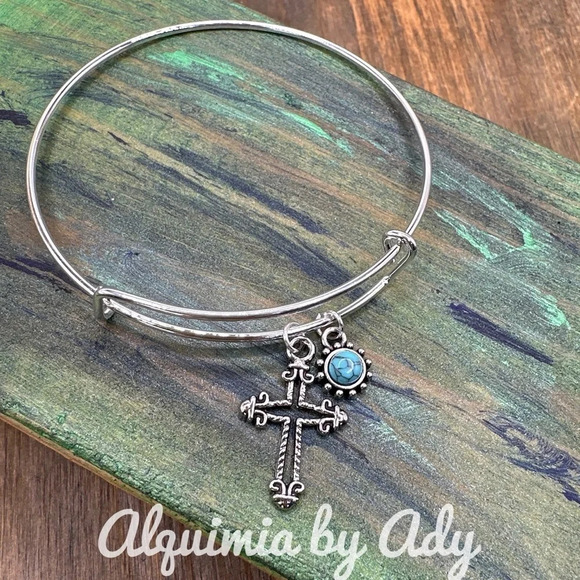 Silver cross medal bangle bracelet adjustable turquoise sun pendant - Picture 1 of 5